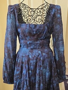 NWT XS Aqua Brand From Bloomngdales Blue Floral Long-Sleeve Square-Neck Dress